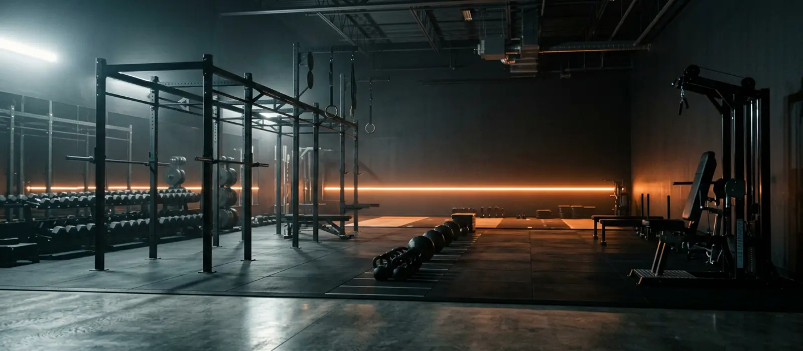 Sala de entrenamiento de EMC LAB vacía, con jaula de fuerza y dinamómetro isocinético